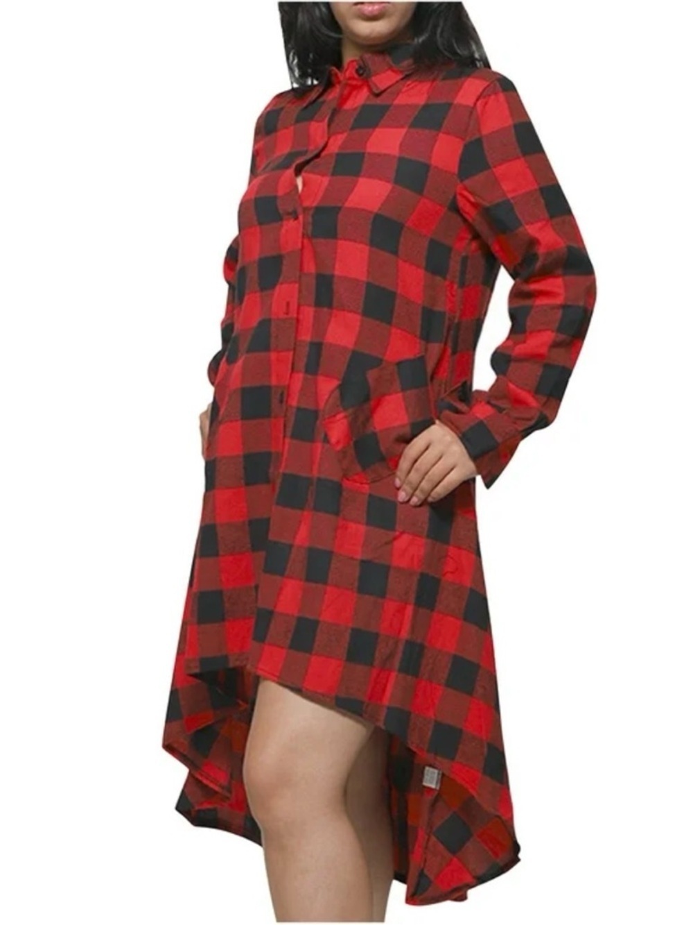 Red and Black Buffalo Check Hi-Low Shirt Dress